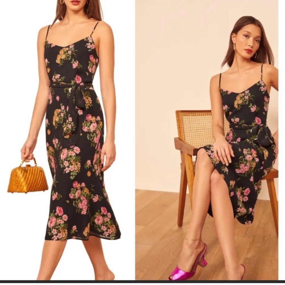 Reformation Black Floral MIDI Dress. Spaghetti Strap Sash Belt  size 4